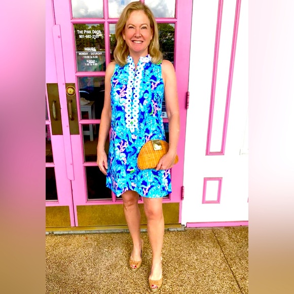 Lilly Pulitzer Dresses & Skirts - Lilly Pulitzer Jane Deep Indigo Gypsea Girl Gold Lace Detail Easy Shift Dress
